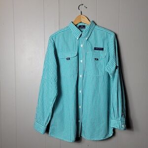 SIMPLY SOUTHERN GINGHAM AQUA VENTED BUTTON-DOWN LONG SLEEVE SHIRT WOMENS LARGE